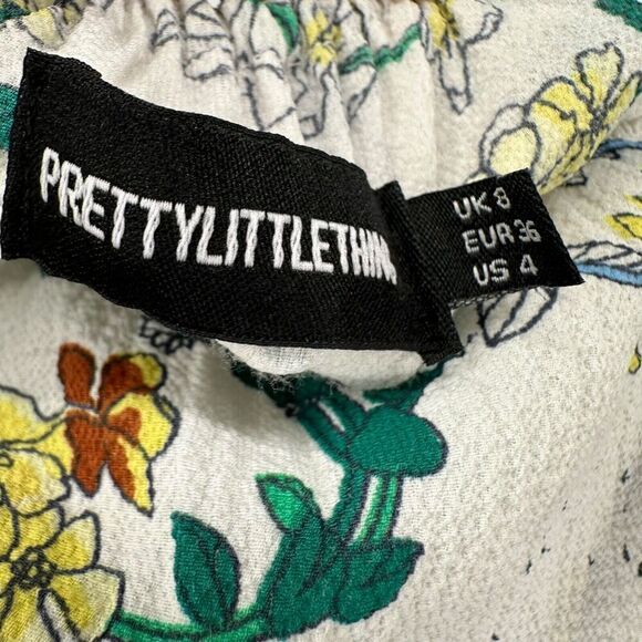 Off The Shoulder Midi Dress Ruffle White Green Floral Size 4 Pretty Little Thing - Picture 6 of 9